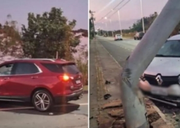 Carro derruba poste após acidente na avenida Mãe Stella de Oxóssi, em Salvador