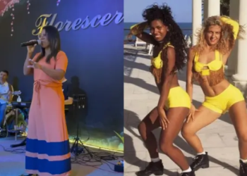 Longe da turnê do É o Tchan, Débora Brasil prega em culto: “Era suja do pecado”