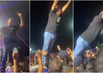 Prefeito se empolga em festa e se joga na plateia, mas cai no chão