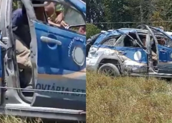 Policiais ficam feridos após viatura capotar na BA-274